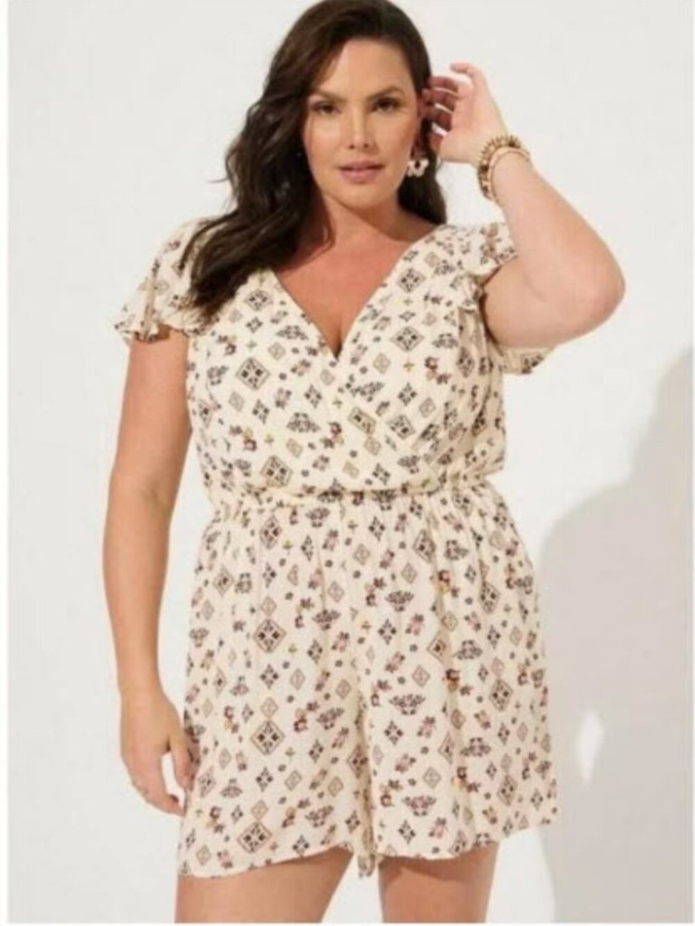 Cream Floral-Geo Romper with Flutter Sleeves